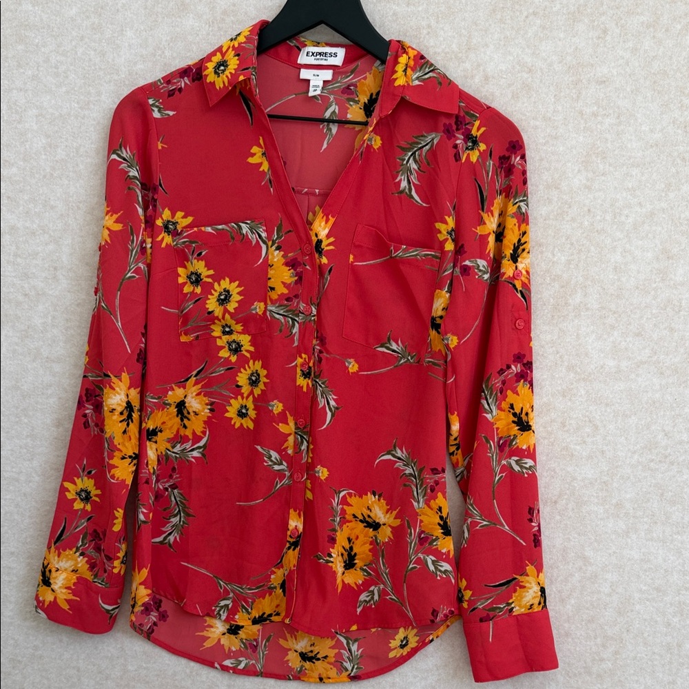 Express Red and Yellow Floral Blouse